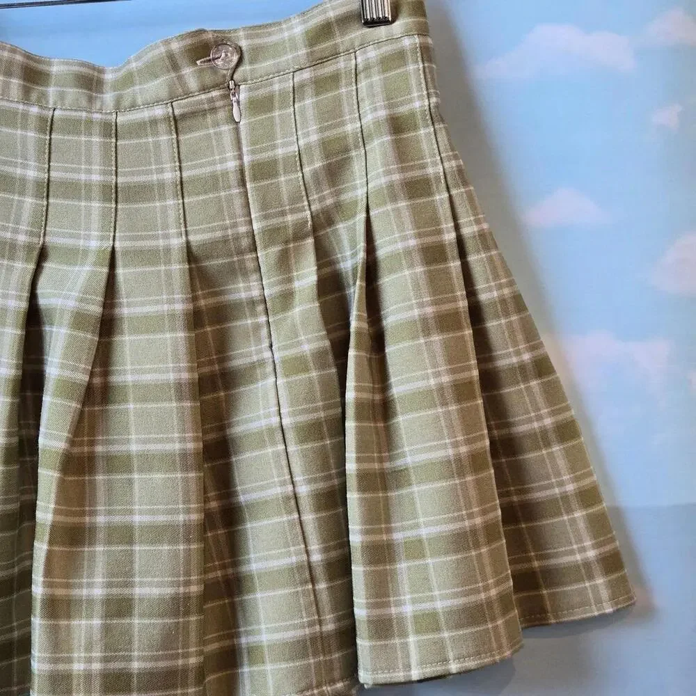 Punk rock plaid pleated school skirt in Green and tan - Picture 3 of 5